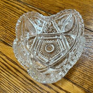 Imperial Glass Co. NUCUT glass heart shaped crystal nut dish. Clear sawtooth rim
